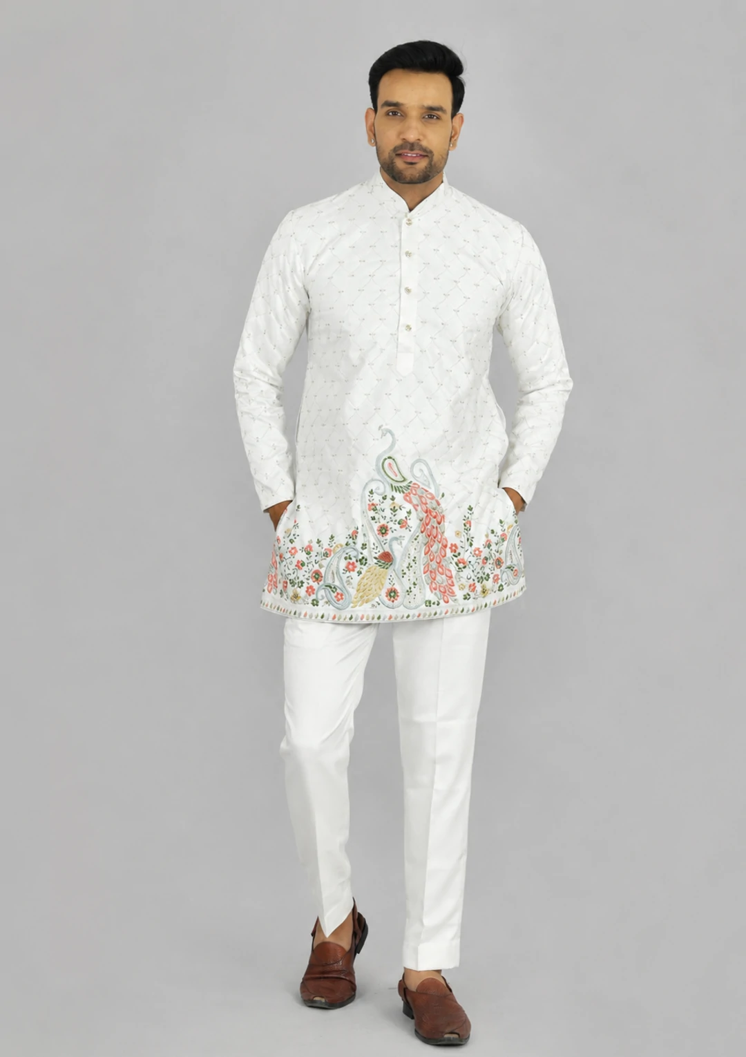 Men's White Embroidered Fancy Short Kurta Pajama