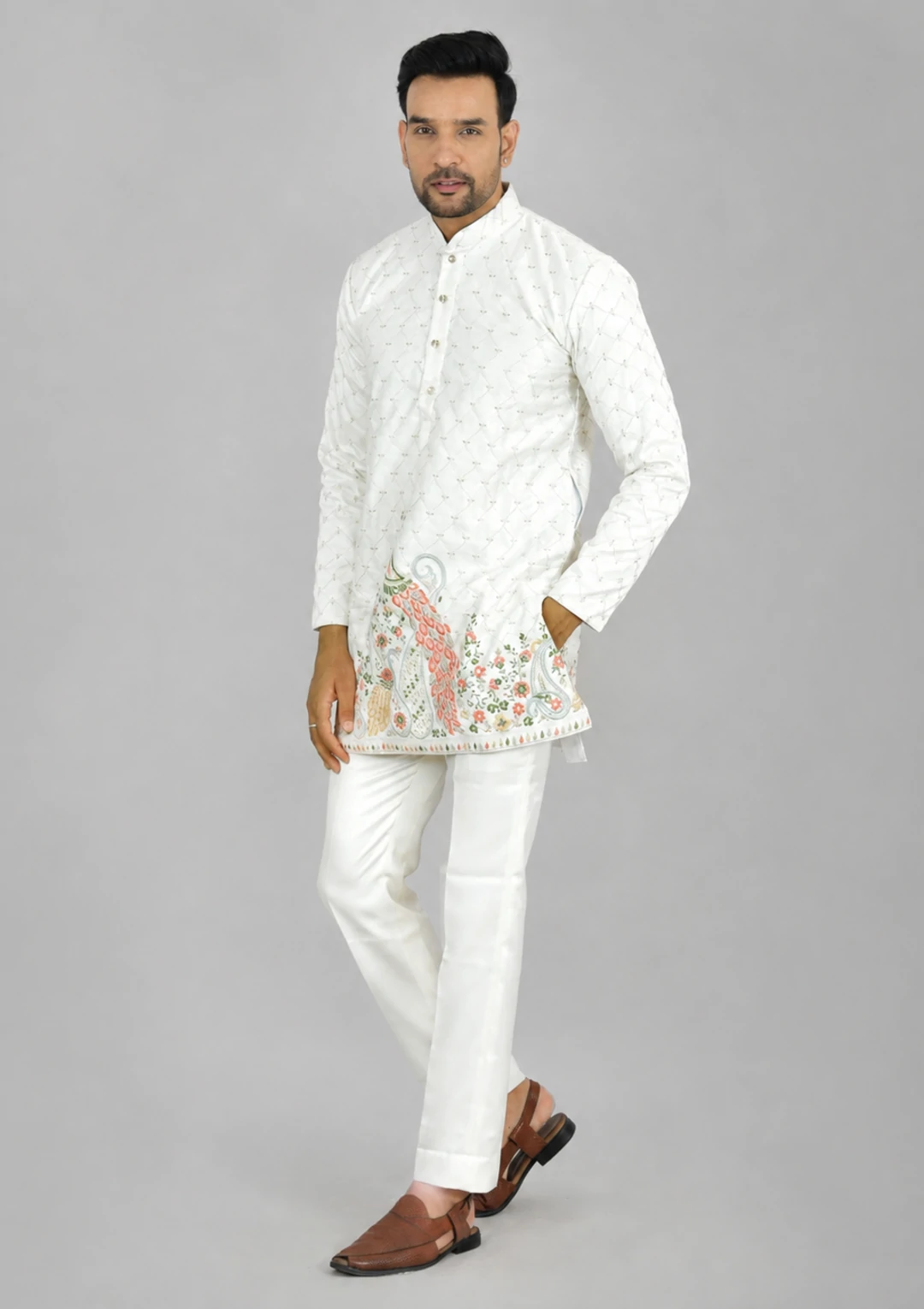 Men's White Embroidered Fancy Short Kurta Pajama - Image 2