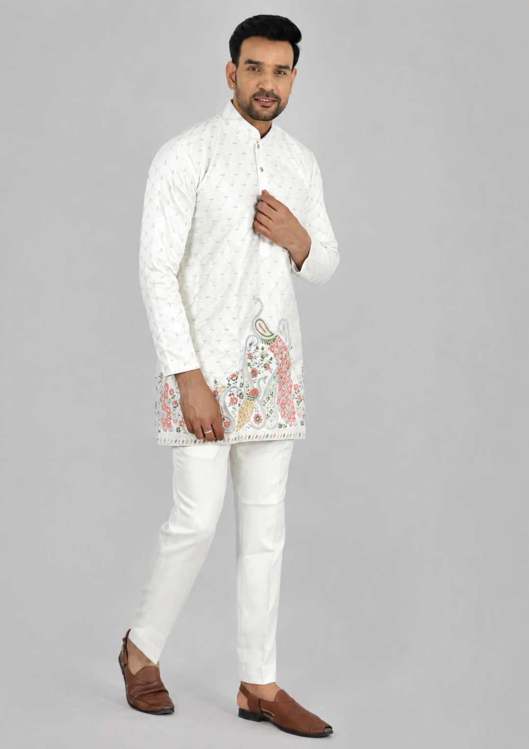 Men's White Embroidered Fancy Short Kurta Pajama - Image 3