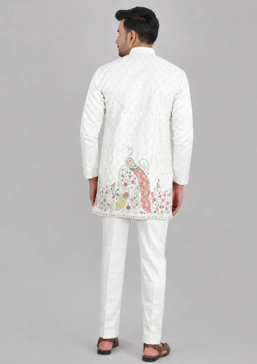 Men's White Embroidered Fancy Short Kurta Pajama - Image 4