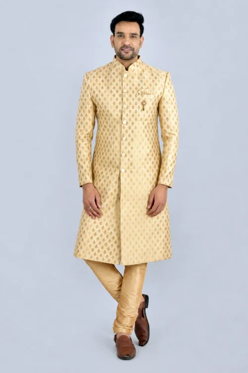 Light Gold Brocade Simple Sherwani for Men