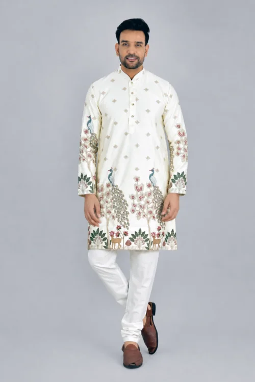 Traditional Peacock Design Embroidery Cream Kurta Pajama