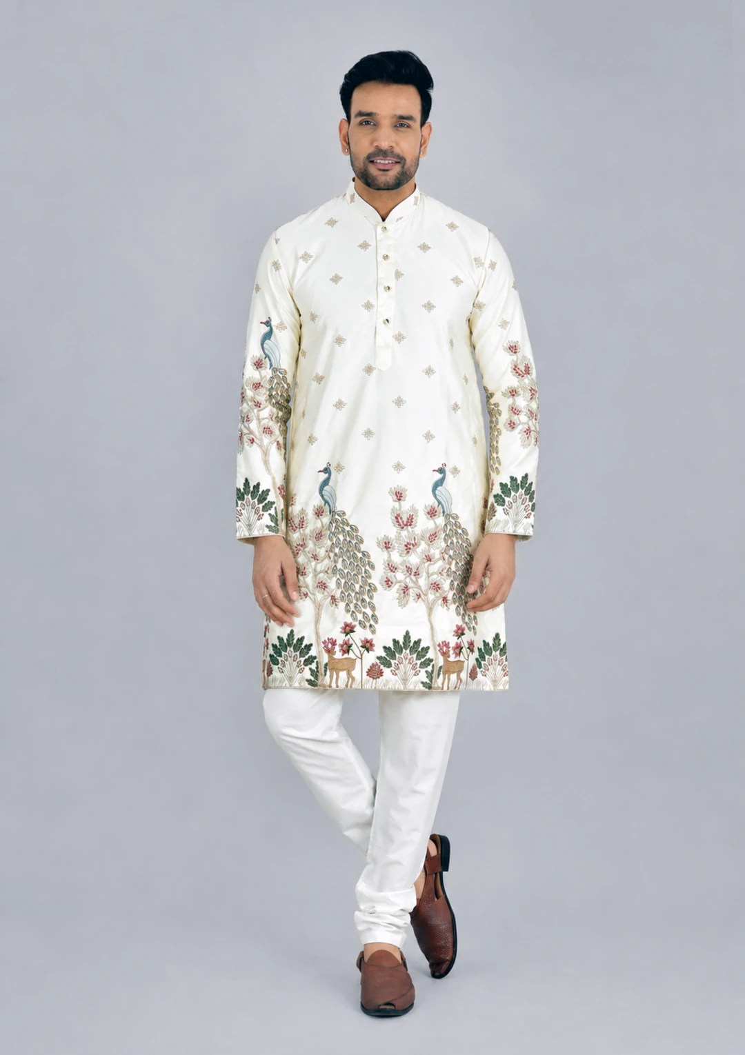 Traditional Peacock Design Embroidery Cream Kurta Pajama