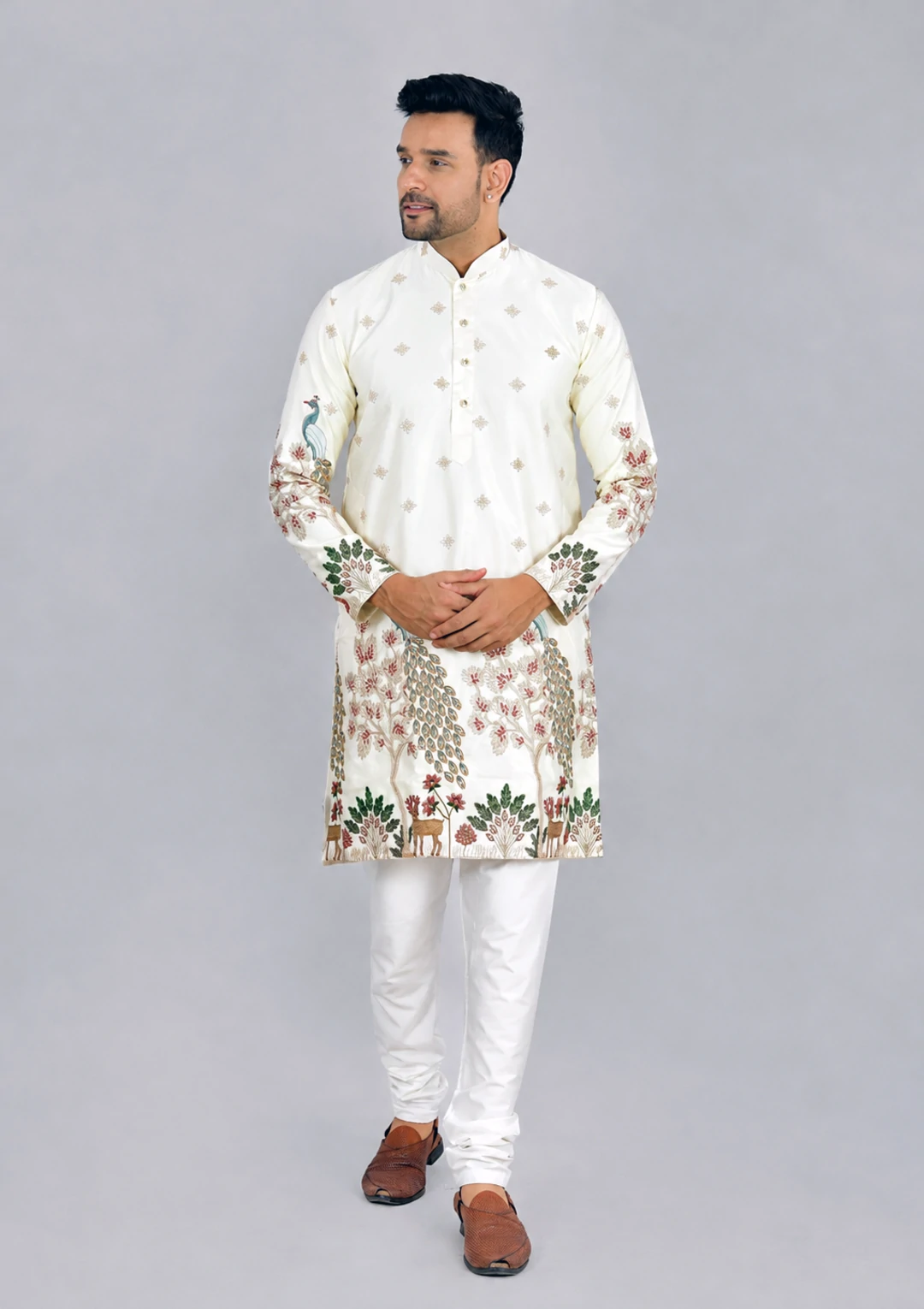 Traditional Peacock Design Embroidery Cream Kurta Pajama - Image 2