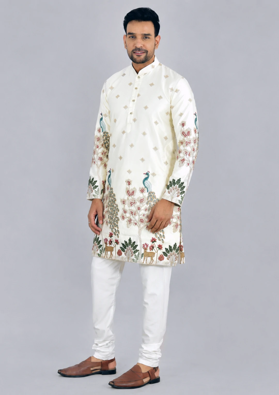 Traditional Peacock Design Embroidery Cream Kurta Pajama - Image 3