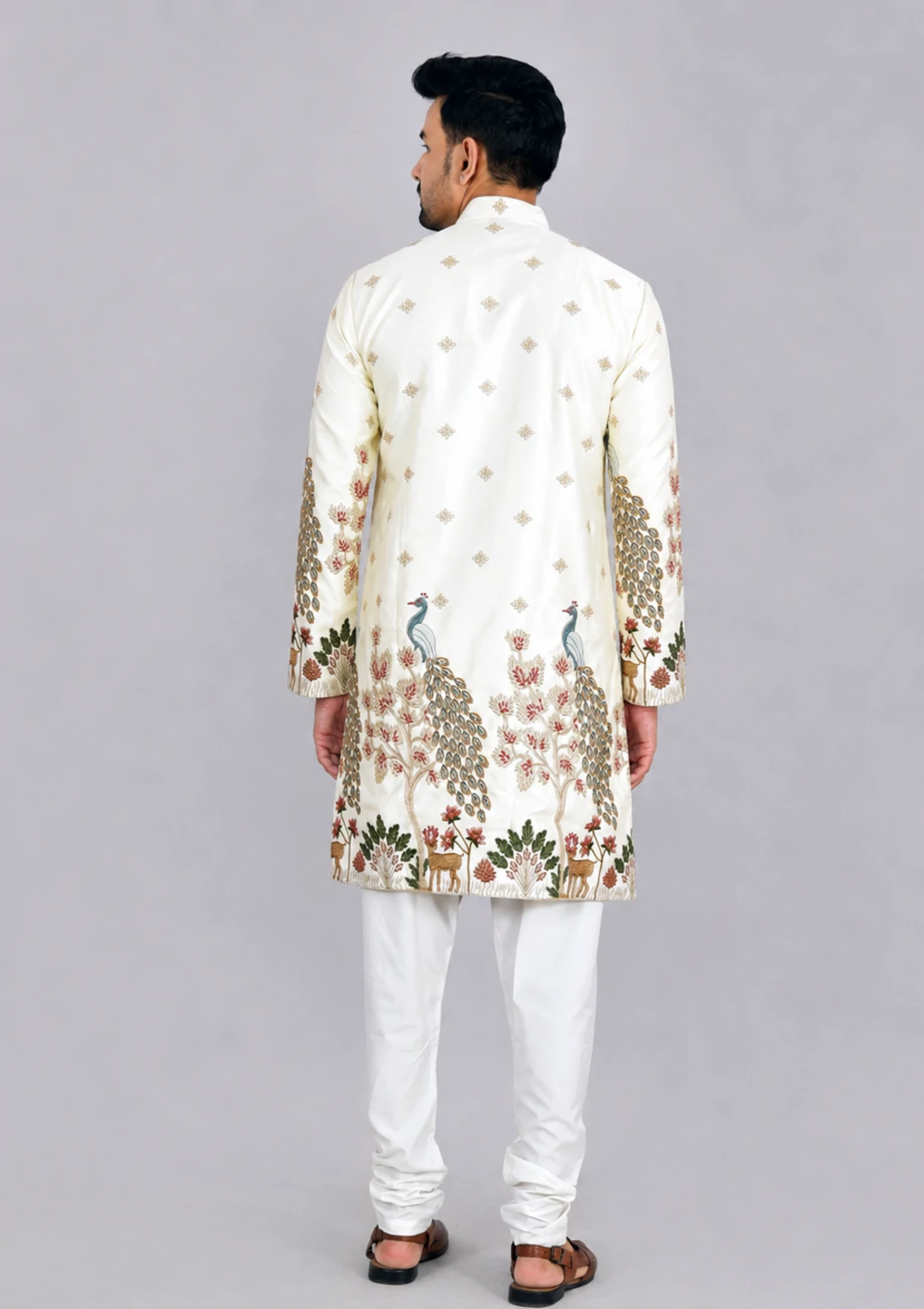Traditional Peacock Design Embroidery Cream Kurta Pajama - Image 4