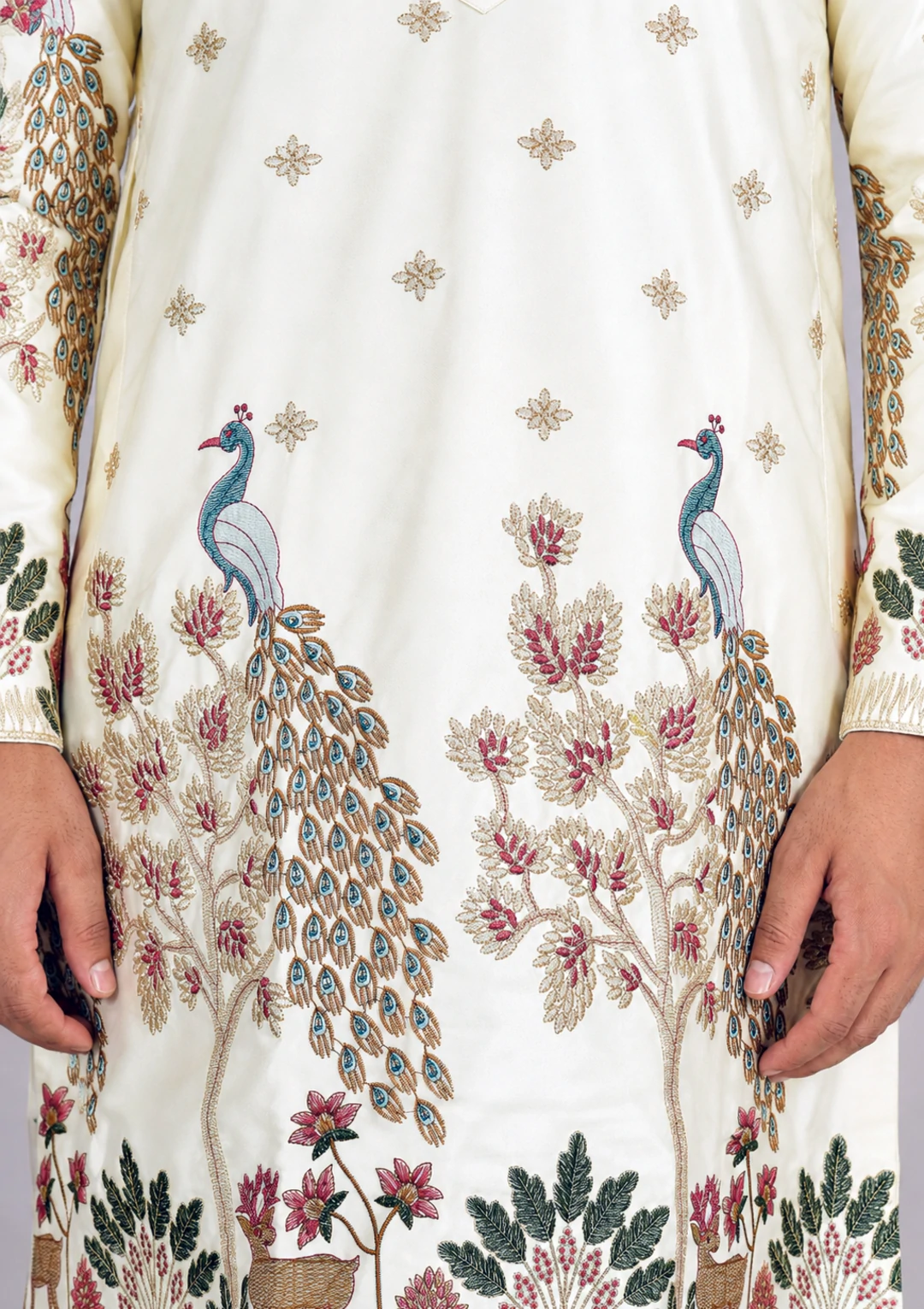 Traditional Peacock Design Embroidery Cream Kurta Pajama - Image 6