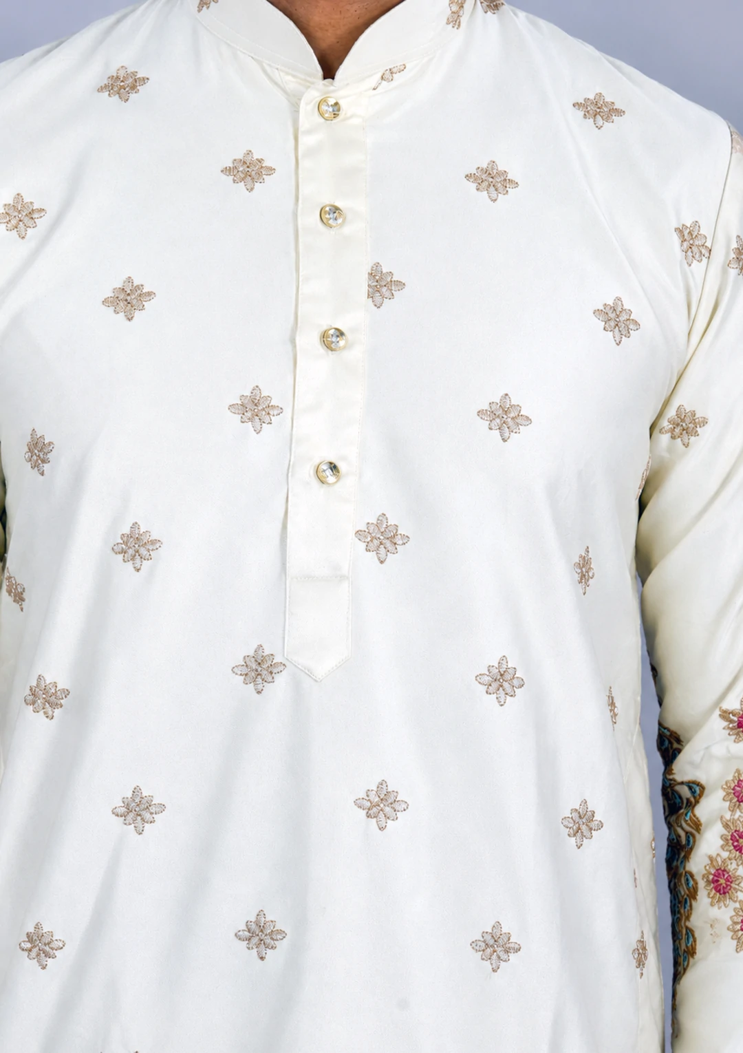 Traditional Peacock Design Embroidery Cream Kurta Pajama - Image 5