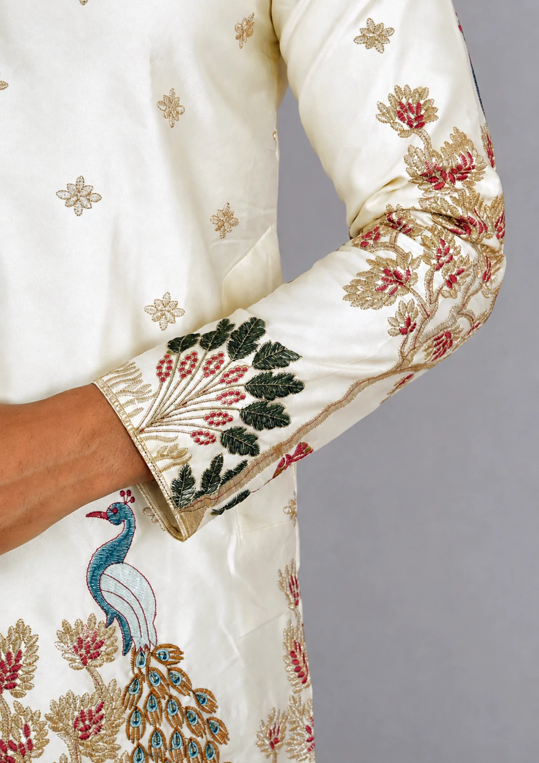 Traditional Peacock Design Embroidery Cream Kurta Pajama - Image 7