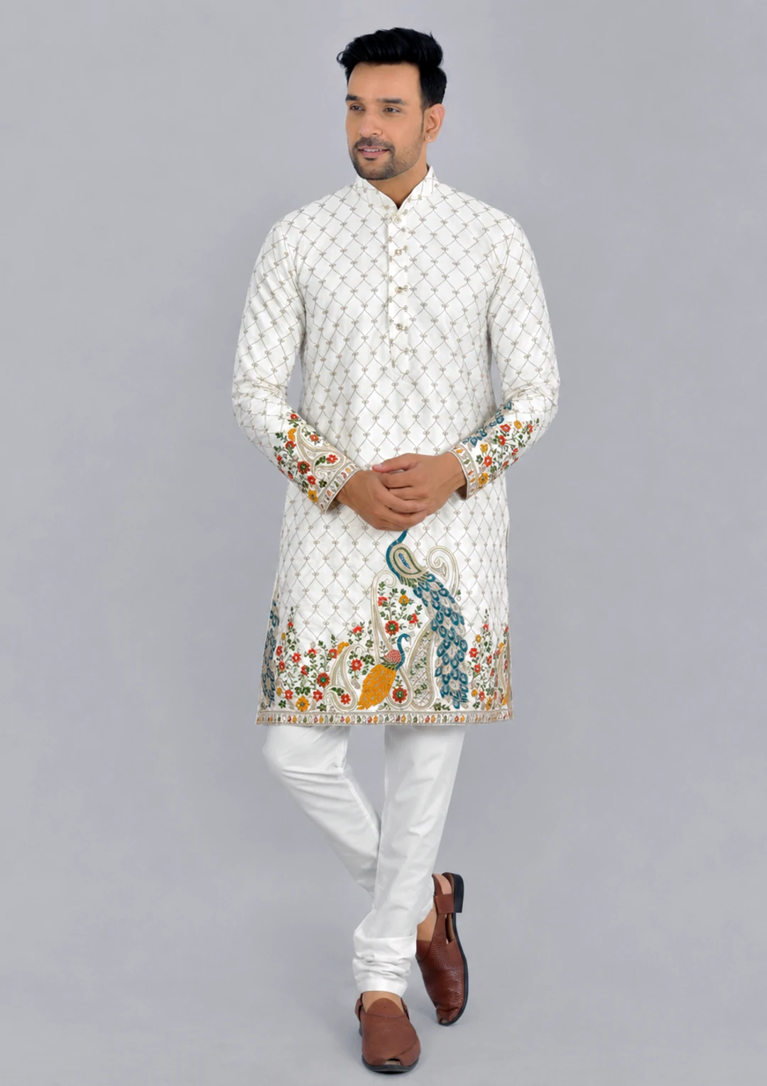 Off White Floral & Peacock Embroidered Kurta Pant Pajama for Men - Image 2