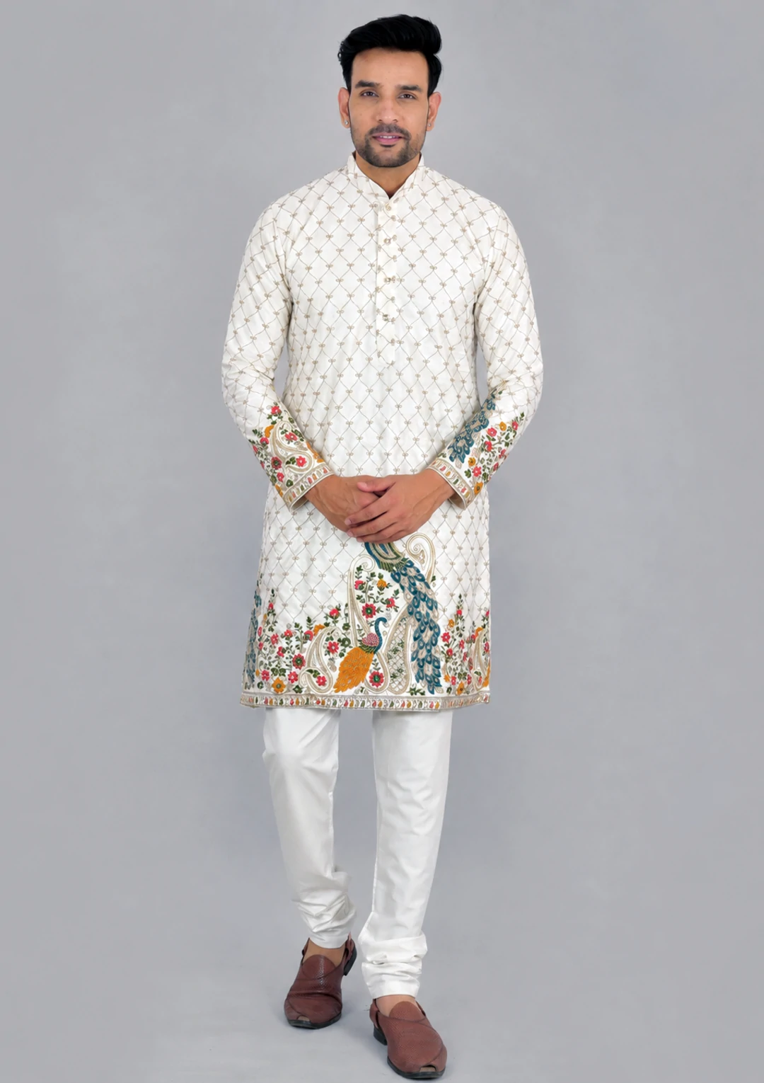 Off White Floral & Peacock Embroidered Kurta Pant Pajama for Men
