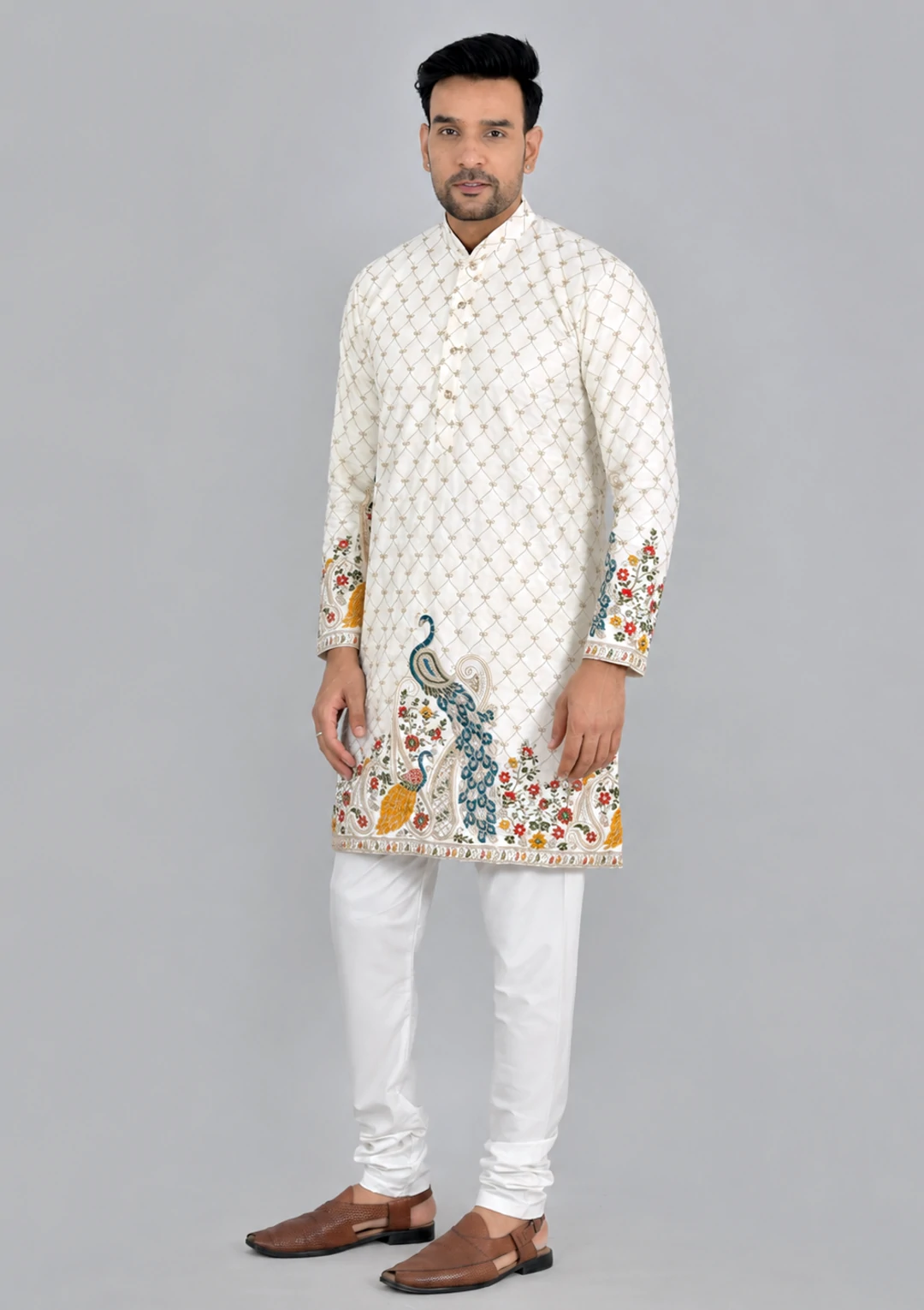 Off White Floral & Peacock Embroidered Kurta Pant Pajama for Men - Image 4