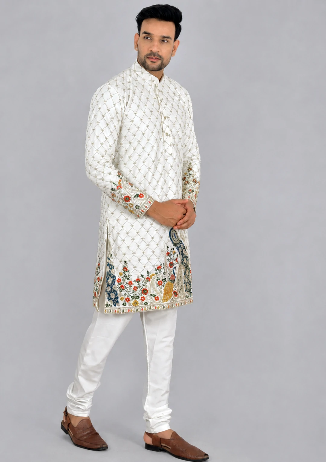 Off White Floral & Peacock Embroidered Kurta Pant Pajama for Men - Image 3