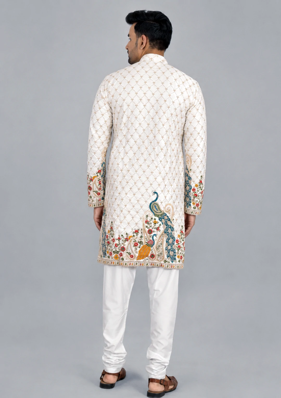 Off White Floral & Peacock Embroidered Kurta Pant Pajama for Men - Image 5