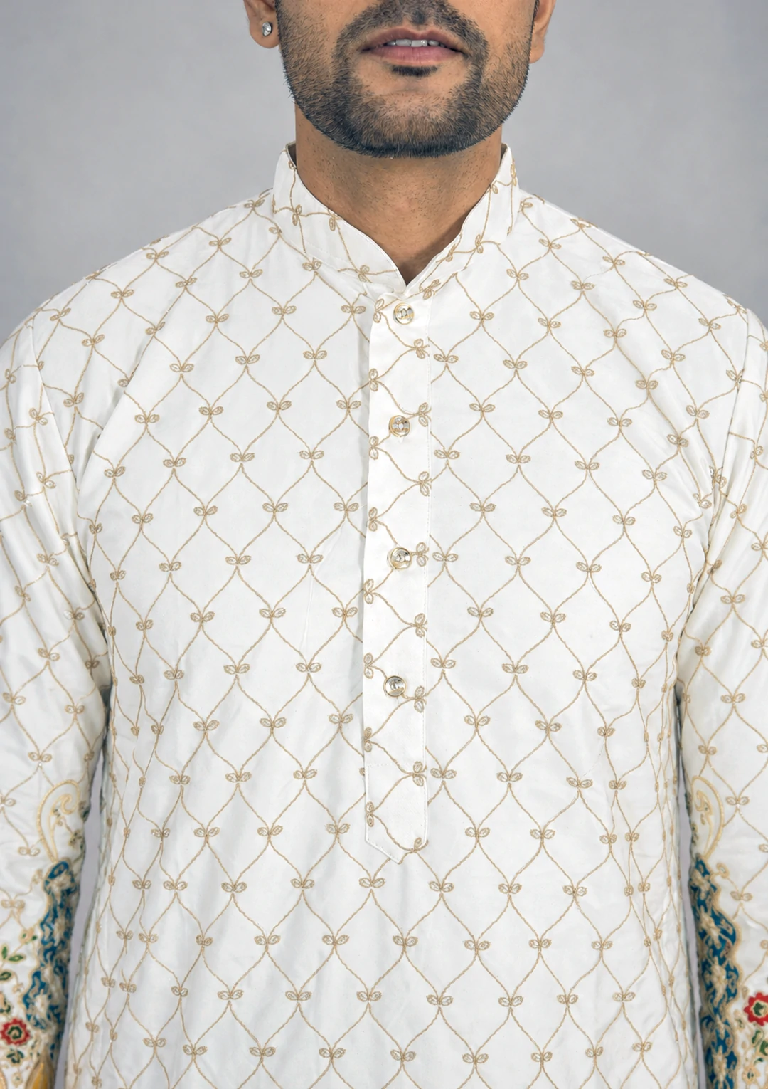 Off White Floral & Peacock Embroidered Kurta Pant Pajama for Men - Image 6