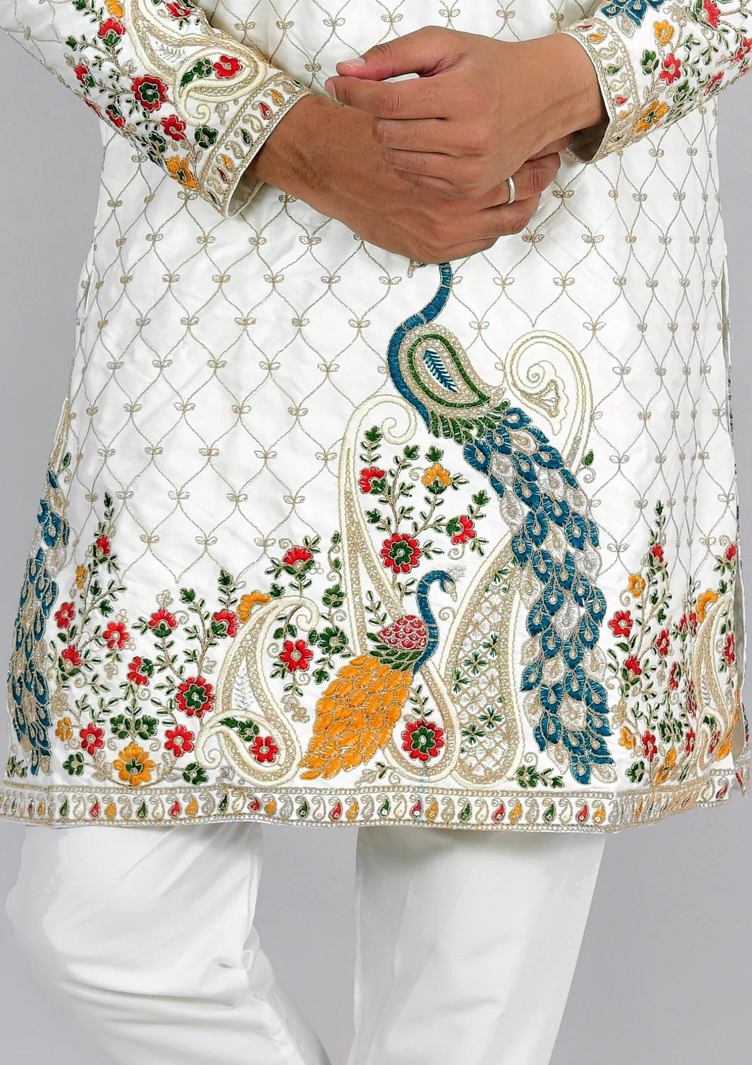 Off White Floral & Peacock Embroidered Kurta Pant Pajama for Men - Image 7