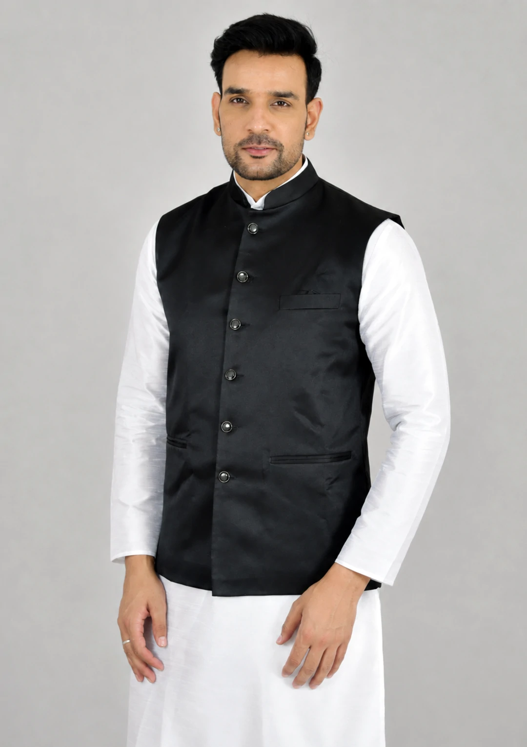 Plain Onyx Black Bandhgala Nehru Jacket for Men - Image 2