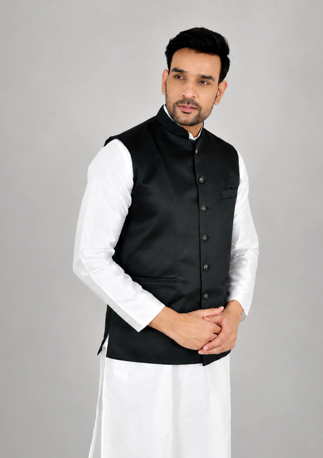Plain Onyx Black Bandhgala Nehru Jacket for Men - Image 3