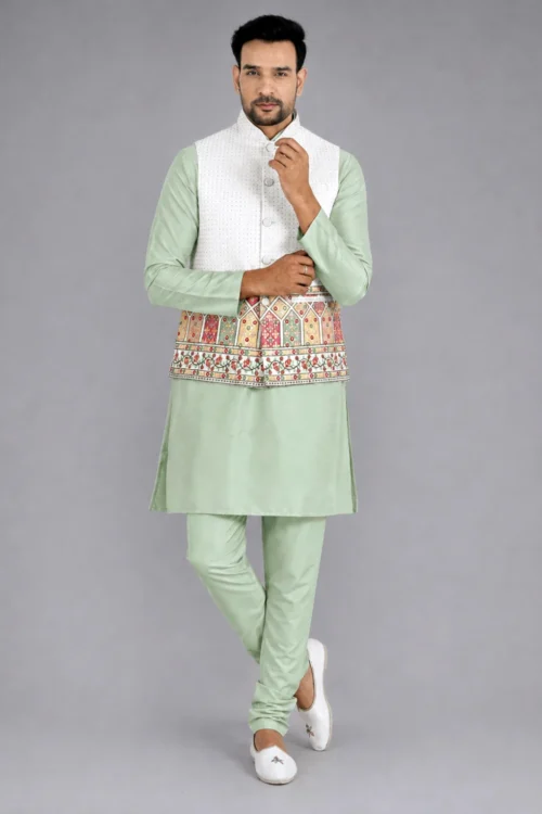 Ivory Color Embroidered Border Jacket for Men