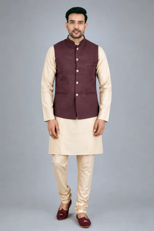 Wine Colored Solid Bandhgala Modi Jacket