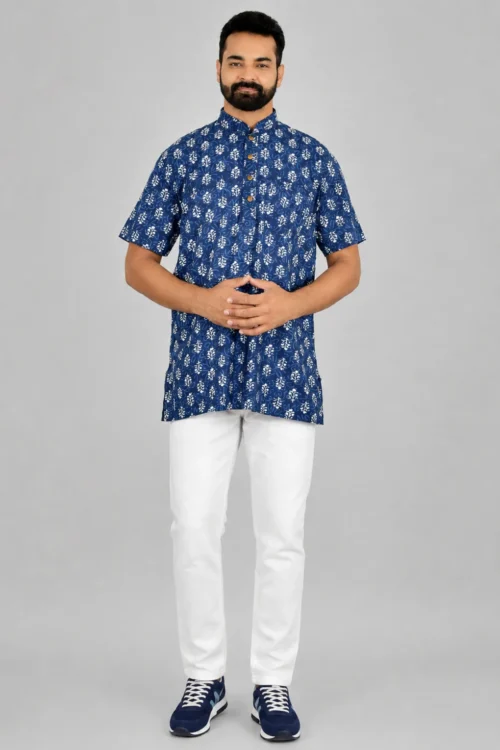 Cobalt Blue Sanganeri BlockPrint Cotton Short Kurta for Men