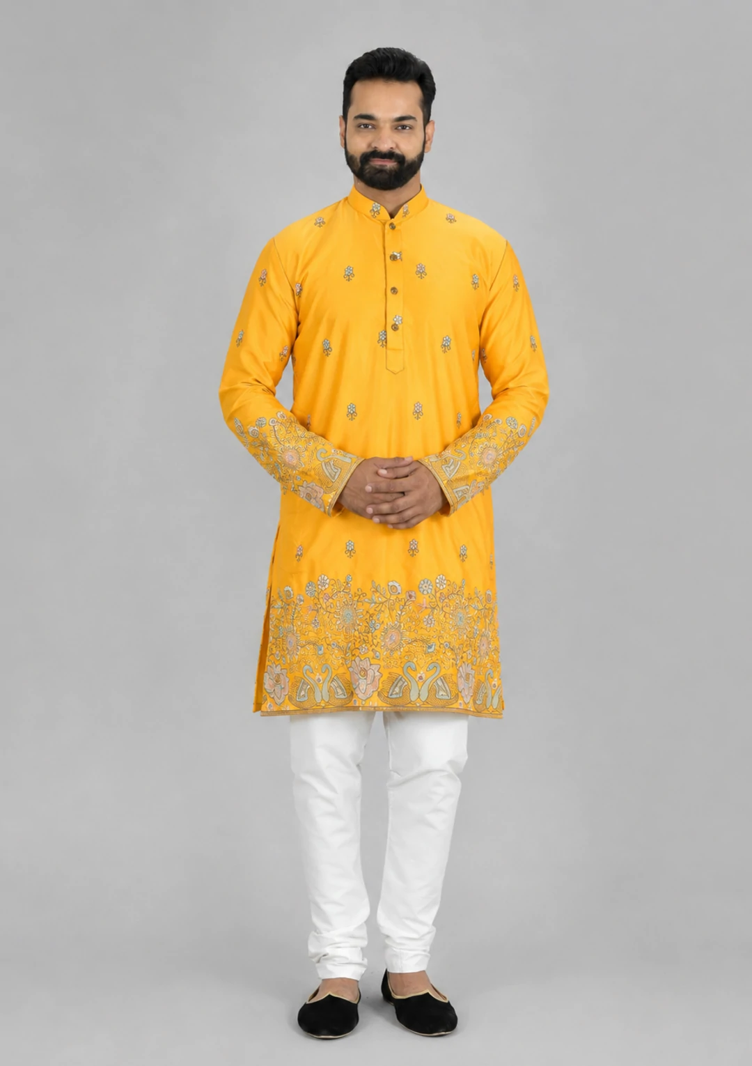 Traditional Floral Embroidered Light Yellow Kurta Pajama