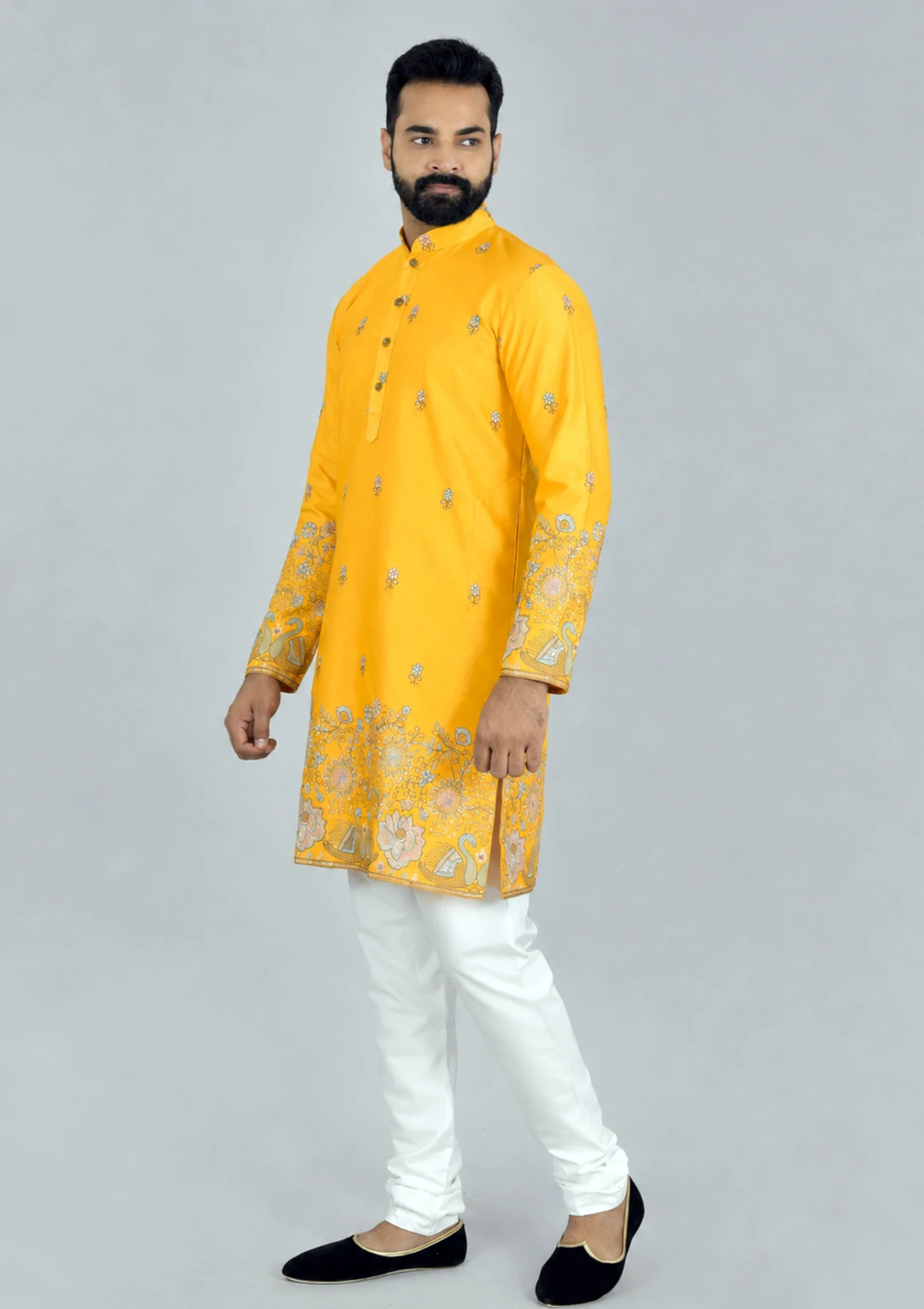 Traditional Floral Embroidered Light Yellow Kurta Pajama - Image 2