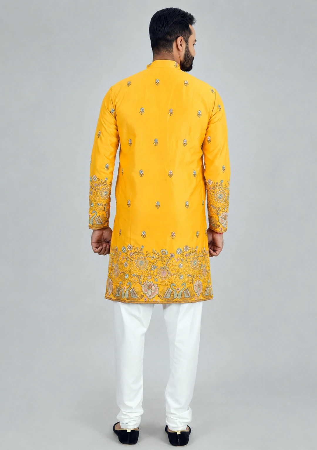 Traditional Floral Embroidered Light Yellow Kurta Pajama - Image 3