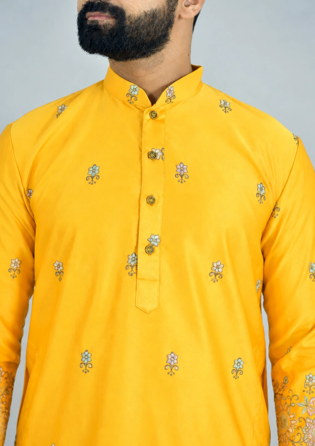 Traditional Floral Embroidered Light Yellow Kurta Pajama - Image 4