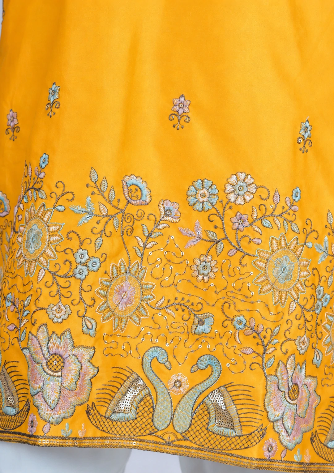 Traditional Floral Embroidered Light Yellow Kurta Pajama - Image 6