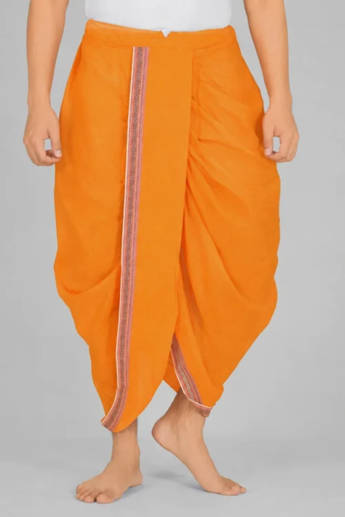 Orange Cotton Dhoti for Men with Traditional Border