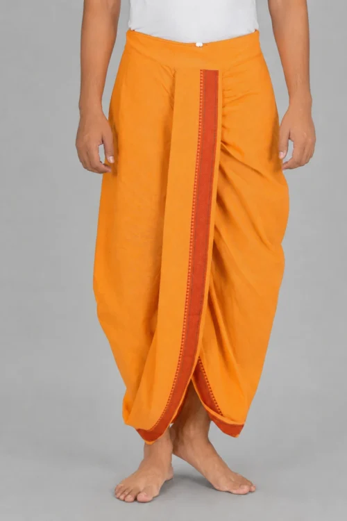 Saffron Color Cotton Traditional Pandit Dhoti with Border