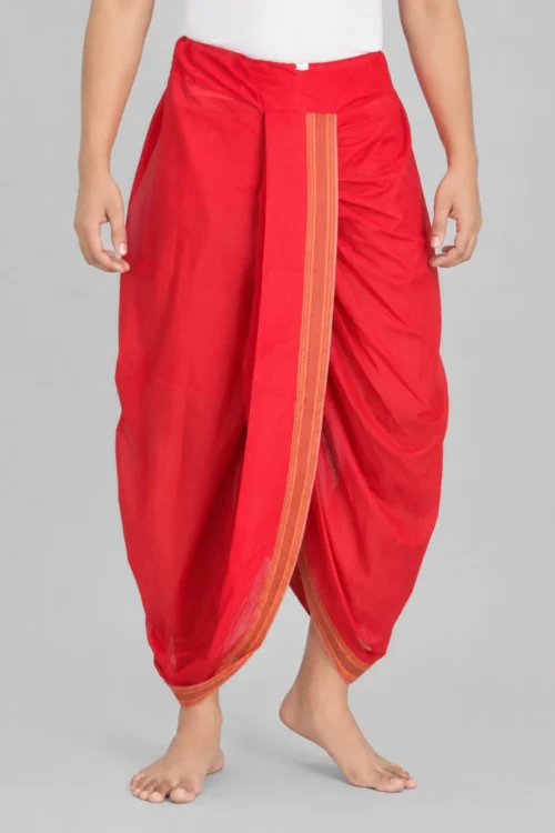 Crimson Red Cotton Dhoti for Men with Traditional Border