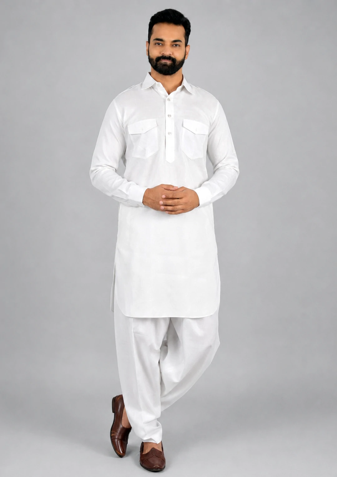 Plain White Linen Pathani Suit for Men