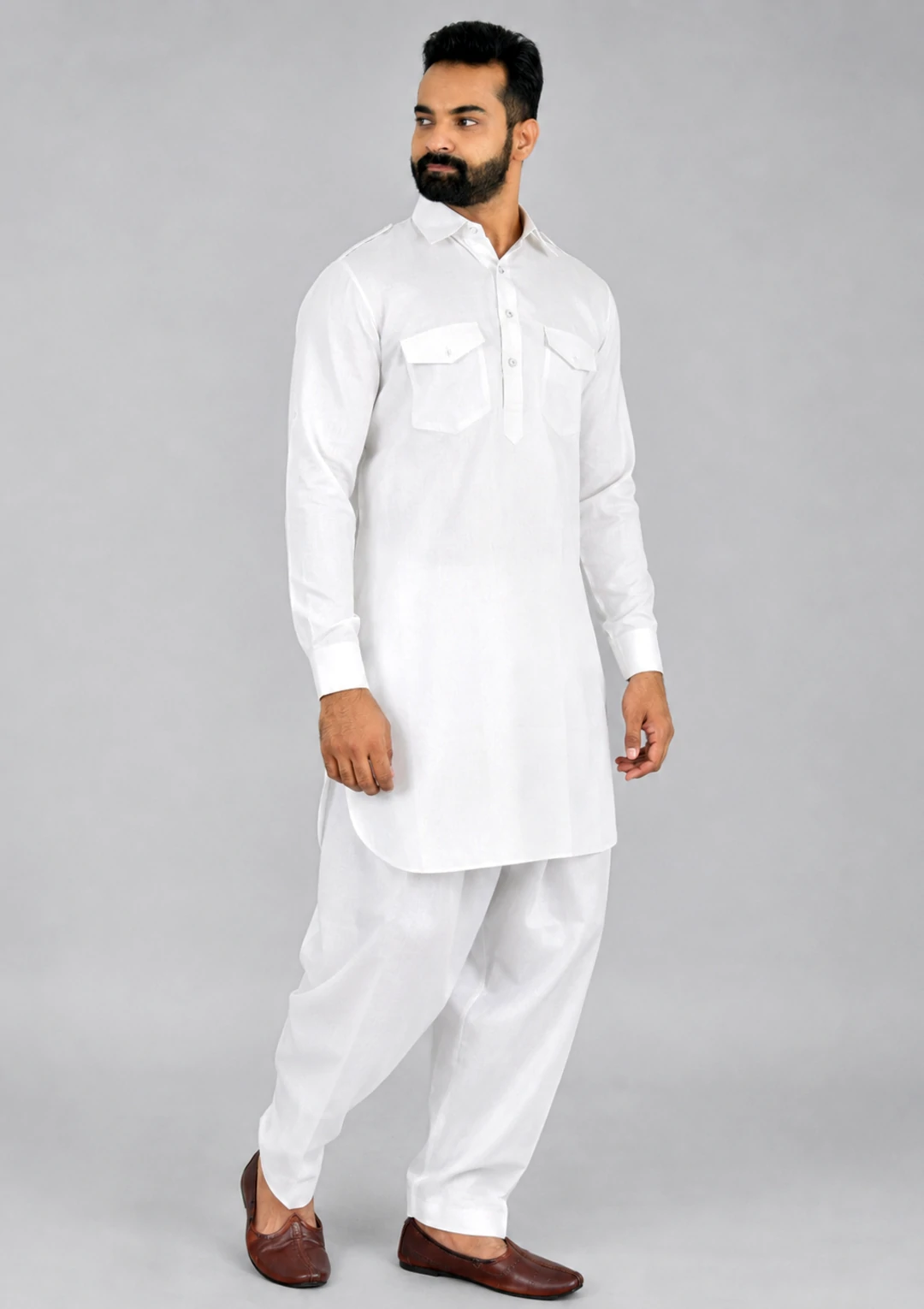 Plain White Linen Pathani Suit for Men - Image 2