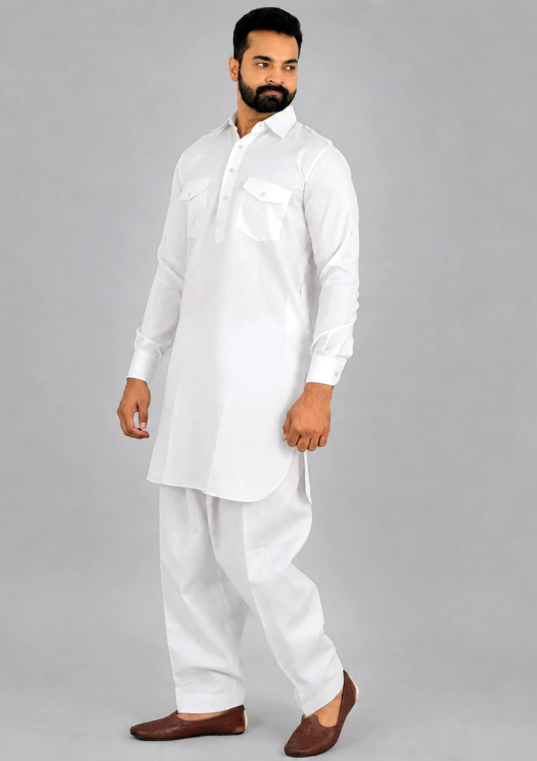 Plain White Linen Pathani Suit for Men - Image 3
