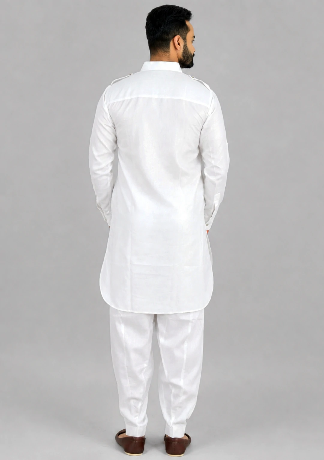 Plain White Linen Pathani Suit for Men - Image 4