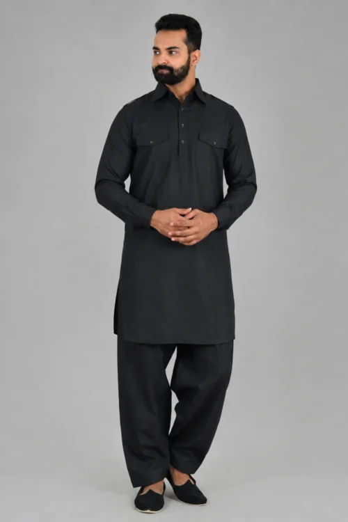 Plain Black Linen Pathani Suit for Men
