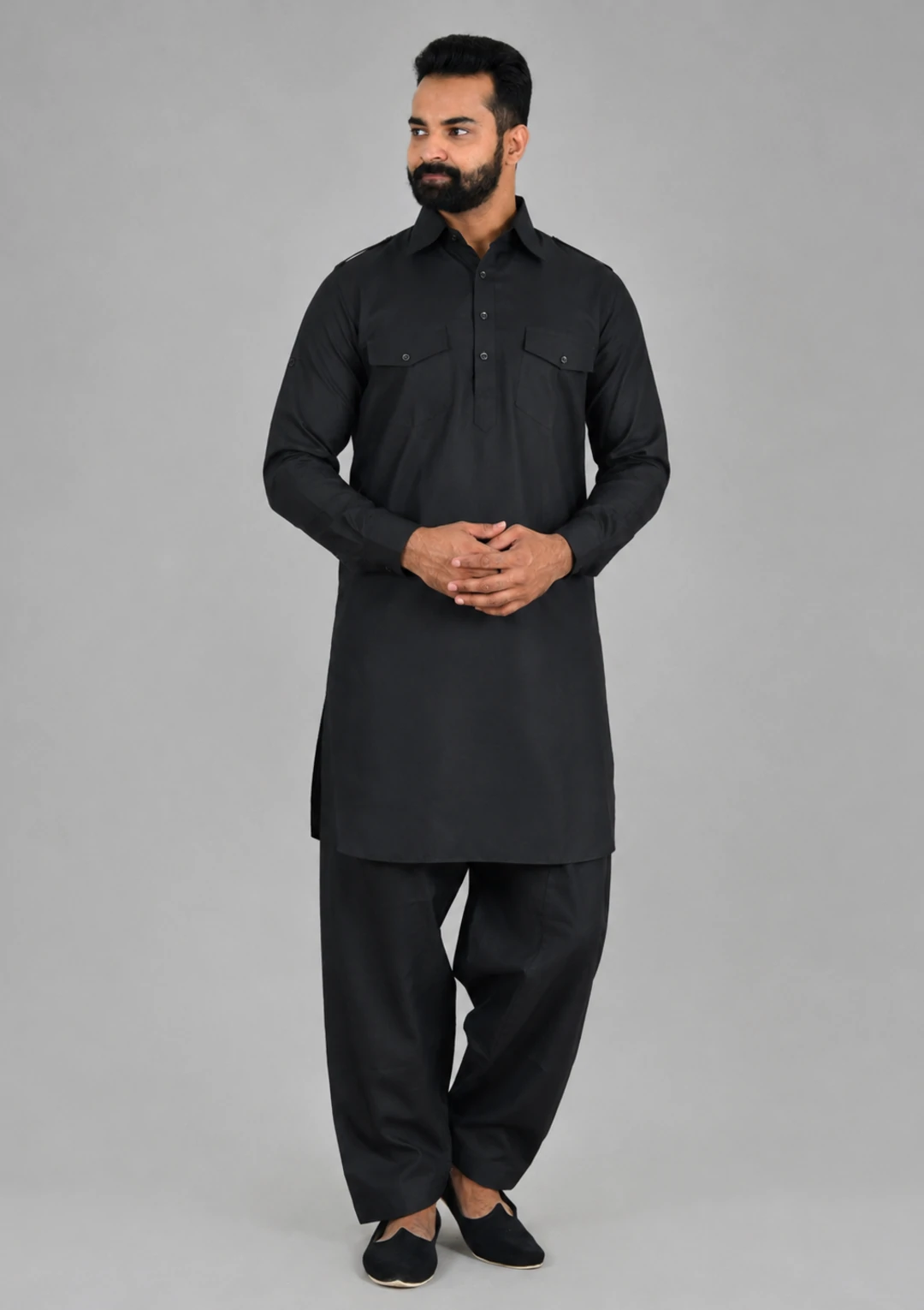 Plain Black Linen Pathani Suit for Men