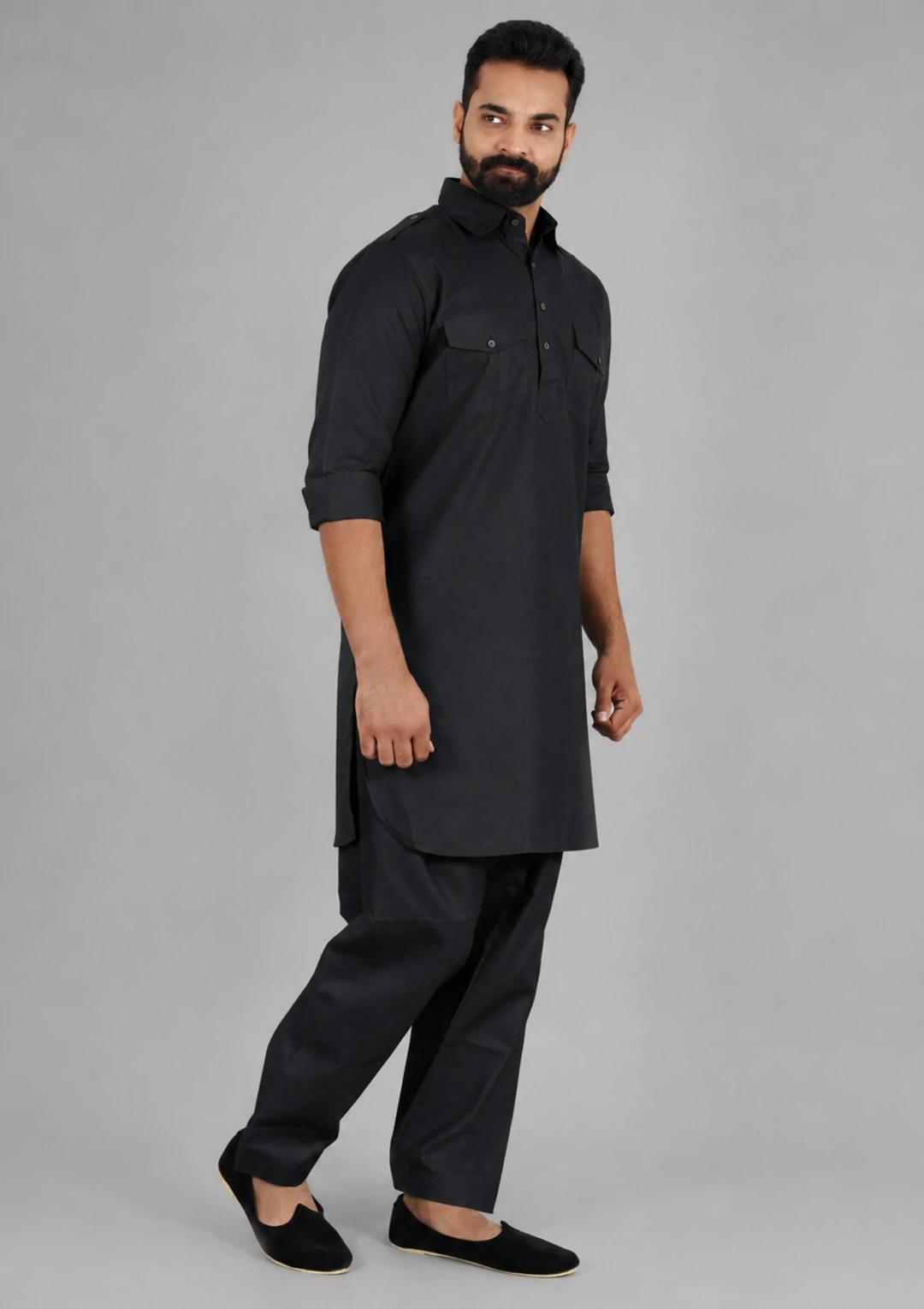 Plain Black Linen Pathani Suit for Men - Image 2