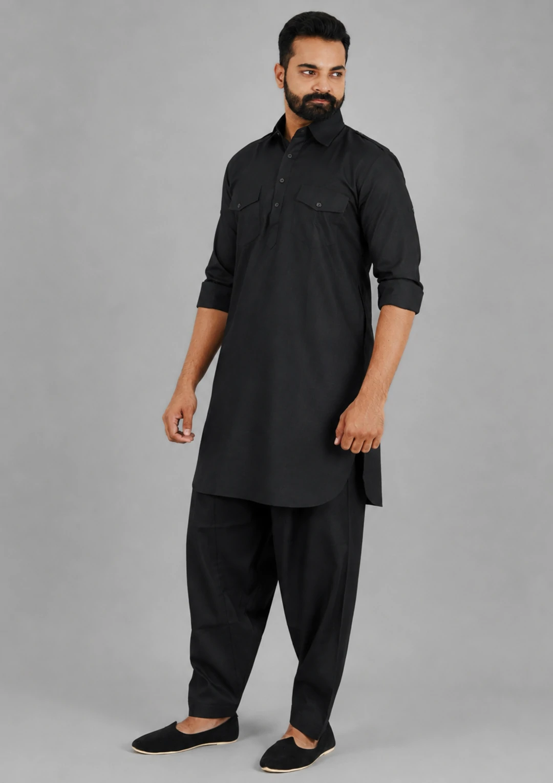 Plain Black Linen Pathani Suit for Men - Image 4
