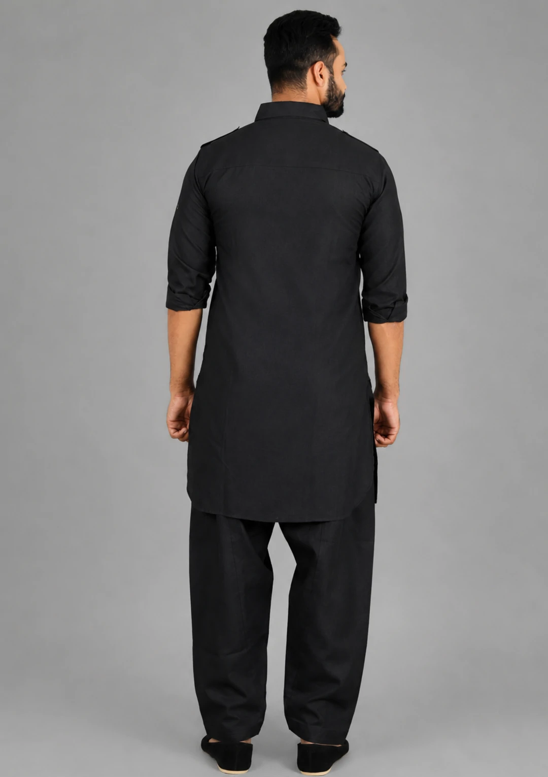 Plain Black Linen Pathani Suit for Men - Image 3