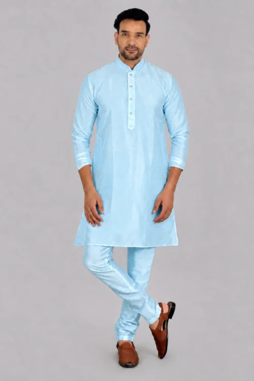 Powder Blue Dupion Silk Bandhgala Kurta for Men