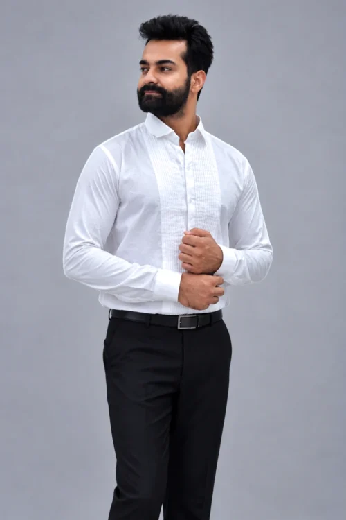 Men’s White Pin Tuck Ghiza Cotton Premium Tuxedo Shirt